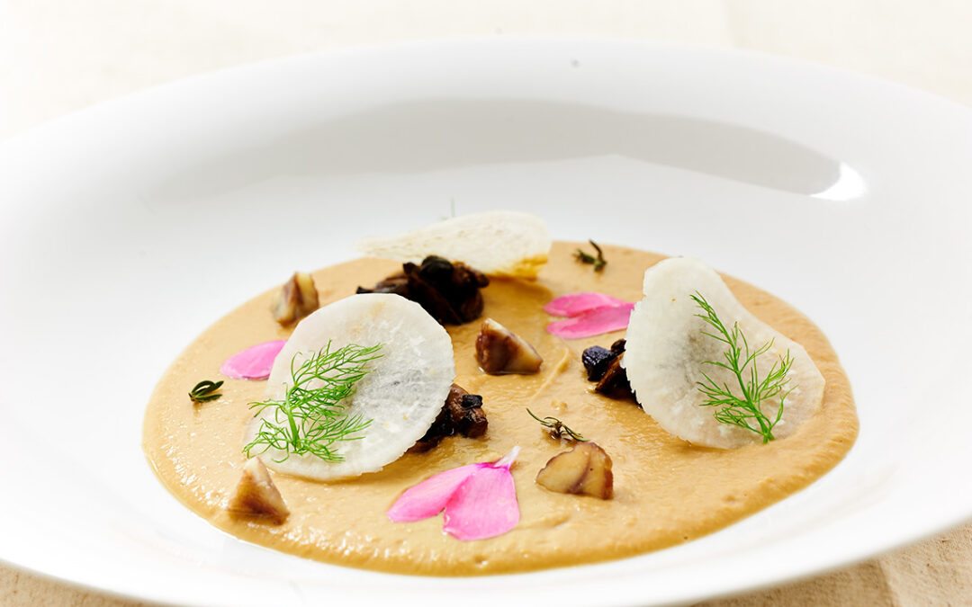 vellutata di ceci al miso con funghi e daikon