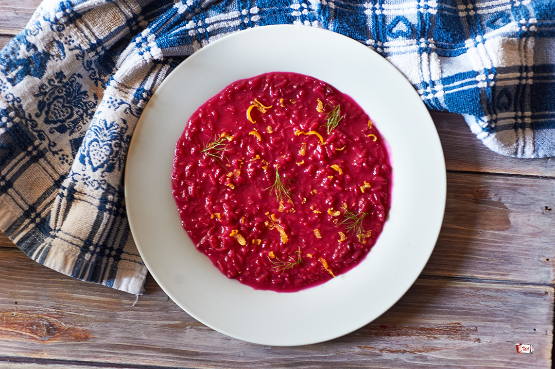 risotto alla barbabietola, zenzero e arancia