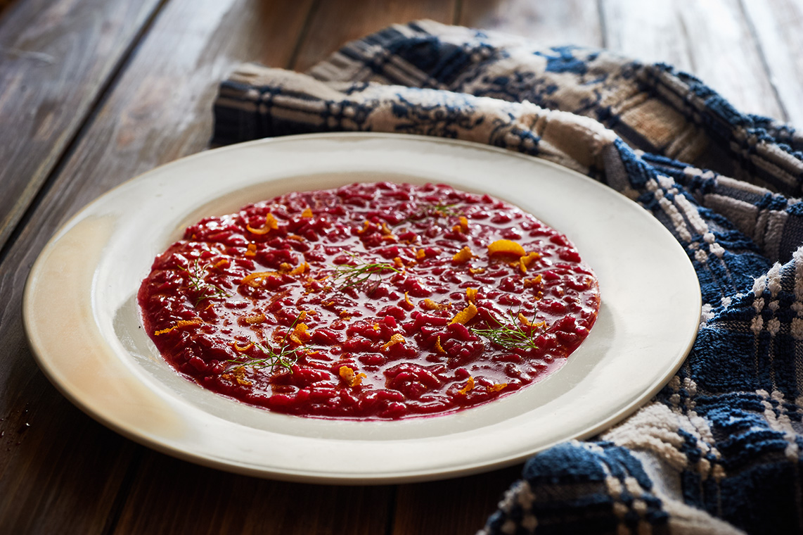 risotto alla barbabietola, zenzero e arancia