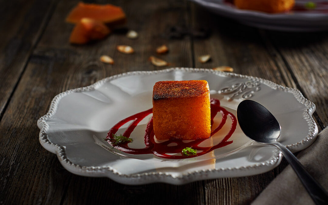 flan di zucca con salsa di melagrana