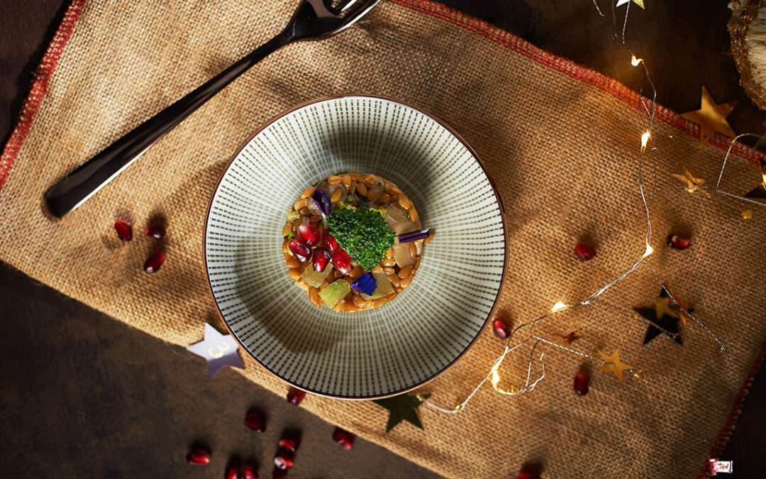 calendario dell’avvento farro con broccoli funghi e melagrana