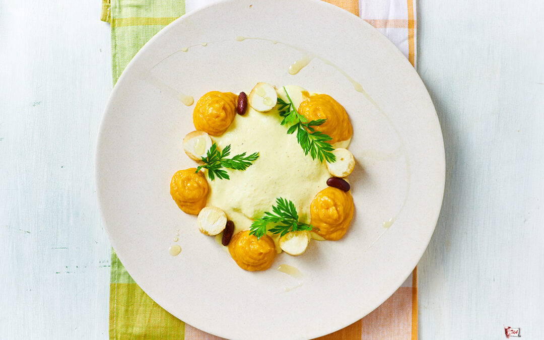 il Perù a casa mia, stufato di fagioli con fonduta di mais e patè di peperoncini dolci