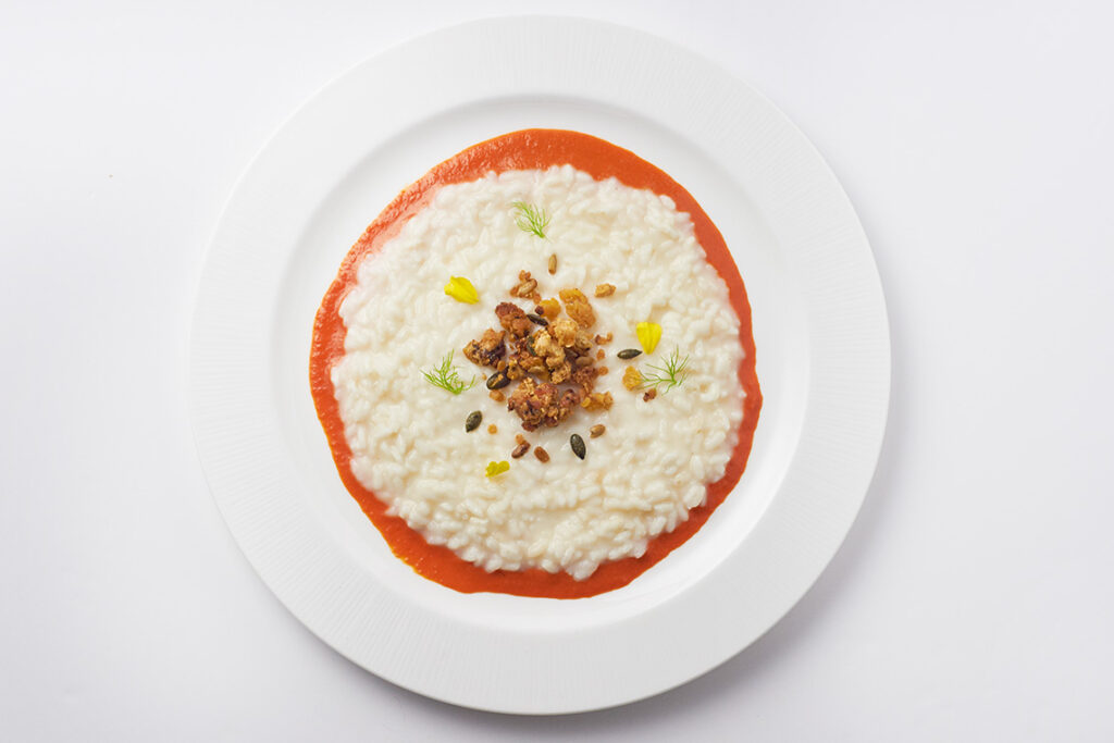 risotto-affumicato-salsa -agrodolce-crumble-lenticchie