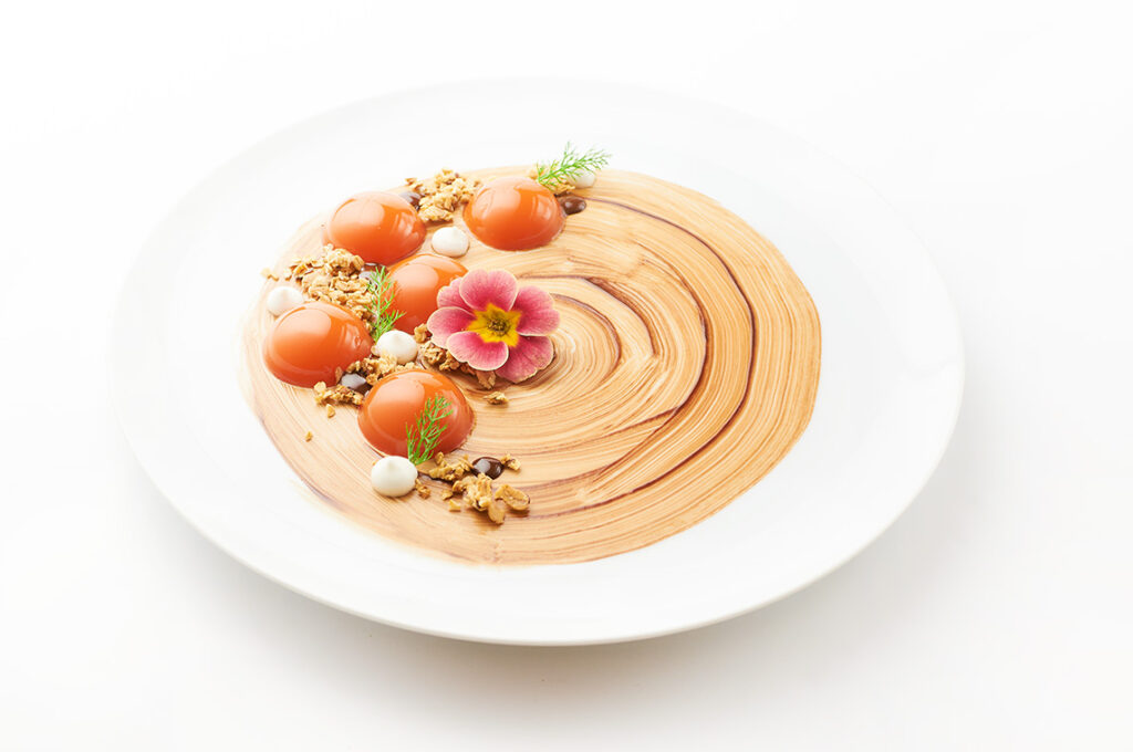 aspic-di-mango-e-carote-con-salsa-di-cioccolato-granola-e-meringa